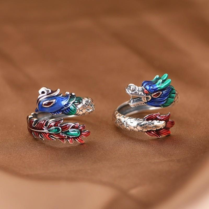 925 Retro Style Dragon & Phoenix Enamel Ring: Unisex, Artistic, Open Index Finger Design