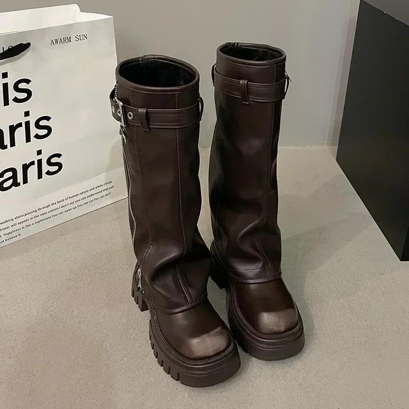Fashion Winter Women Biker Boots Fashion Belt Buckle Ladies Elegant Platform Long Pipe Booties Casual Women's Knee High Booties