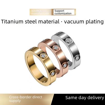 "Trendy European-American Titanium Steel Couple Ring with Diamond Accents"