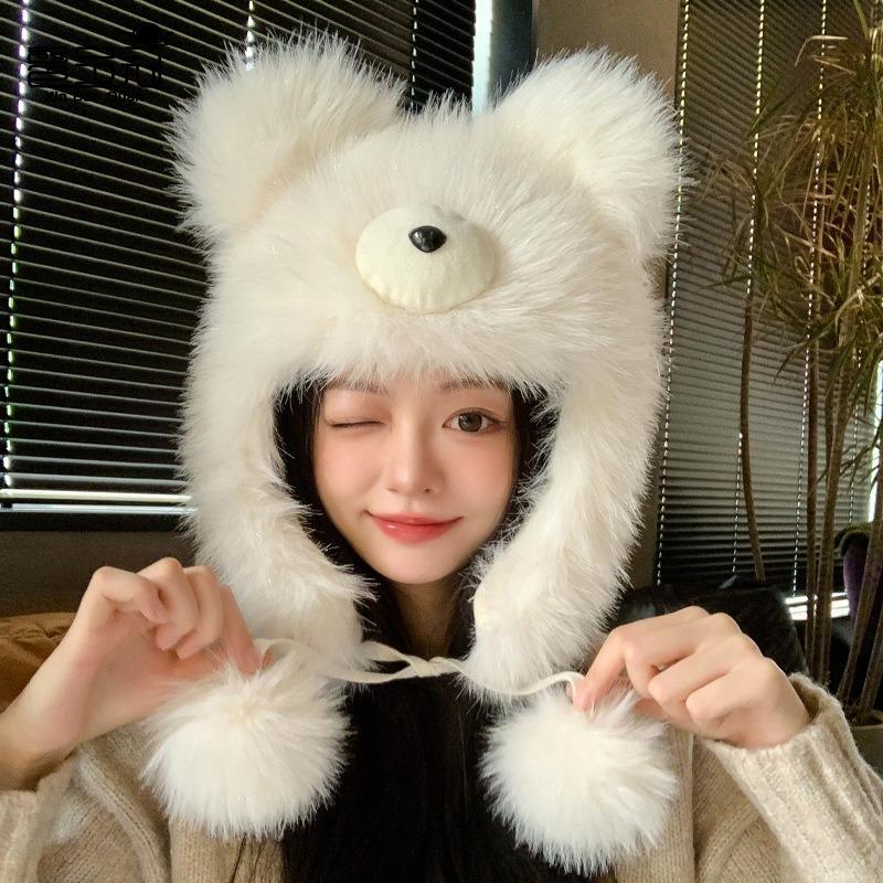 Cute plush bear hat women's winter thickened warm versatile pullover hat shows small face and cold protection ears