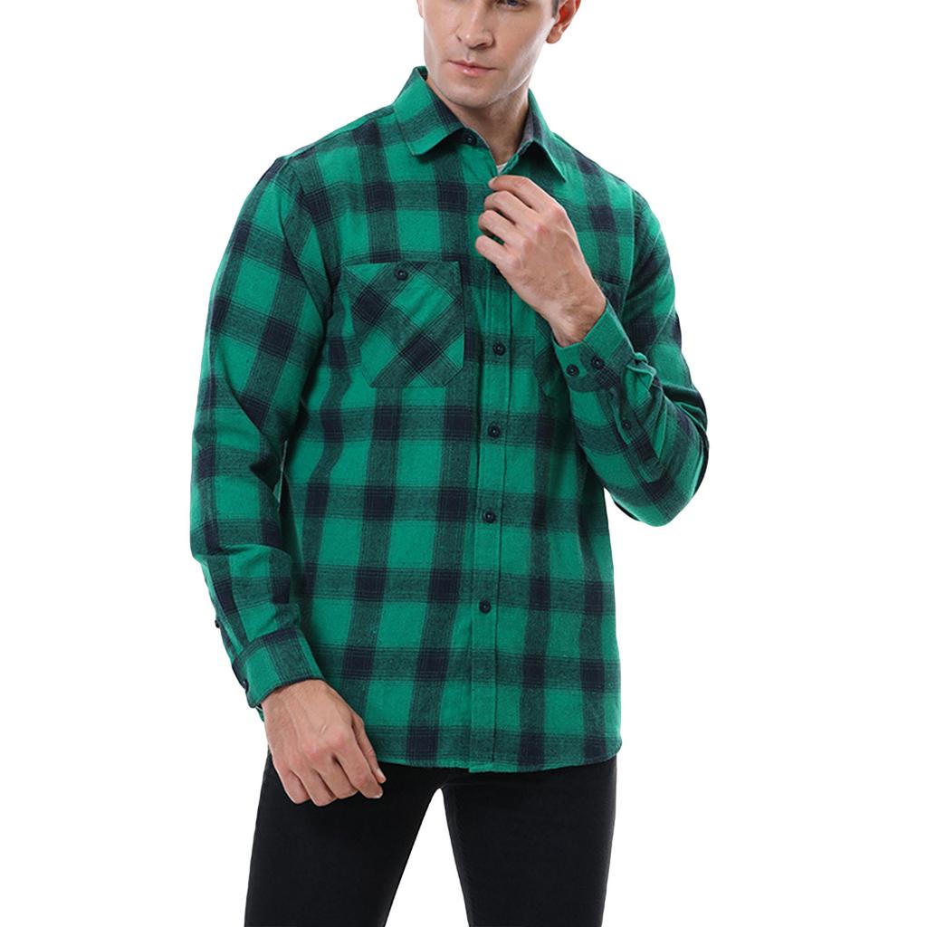 Men's Casual Fashion Plaid Long Sleeve Shirt Men's Pocket Button Shirt