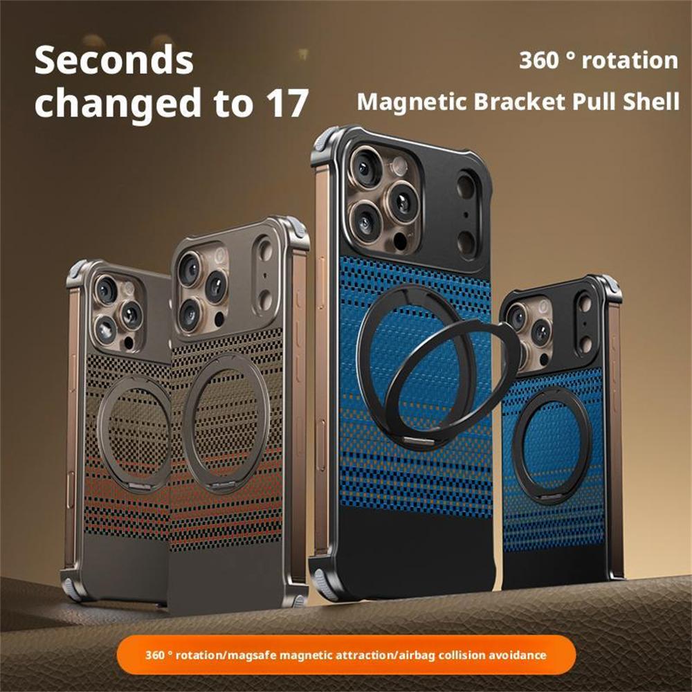 For iPhone 15 Pro Max Magnetic Case Borderless Carbon Fiber Texture PU Metal Phone Cover with Kickstand