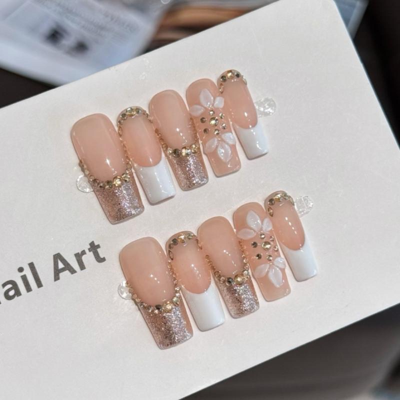 10Pcs Handmade Glitter French Fake Nails with Rhinestone & 3D Petal Accents XS
