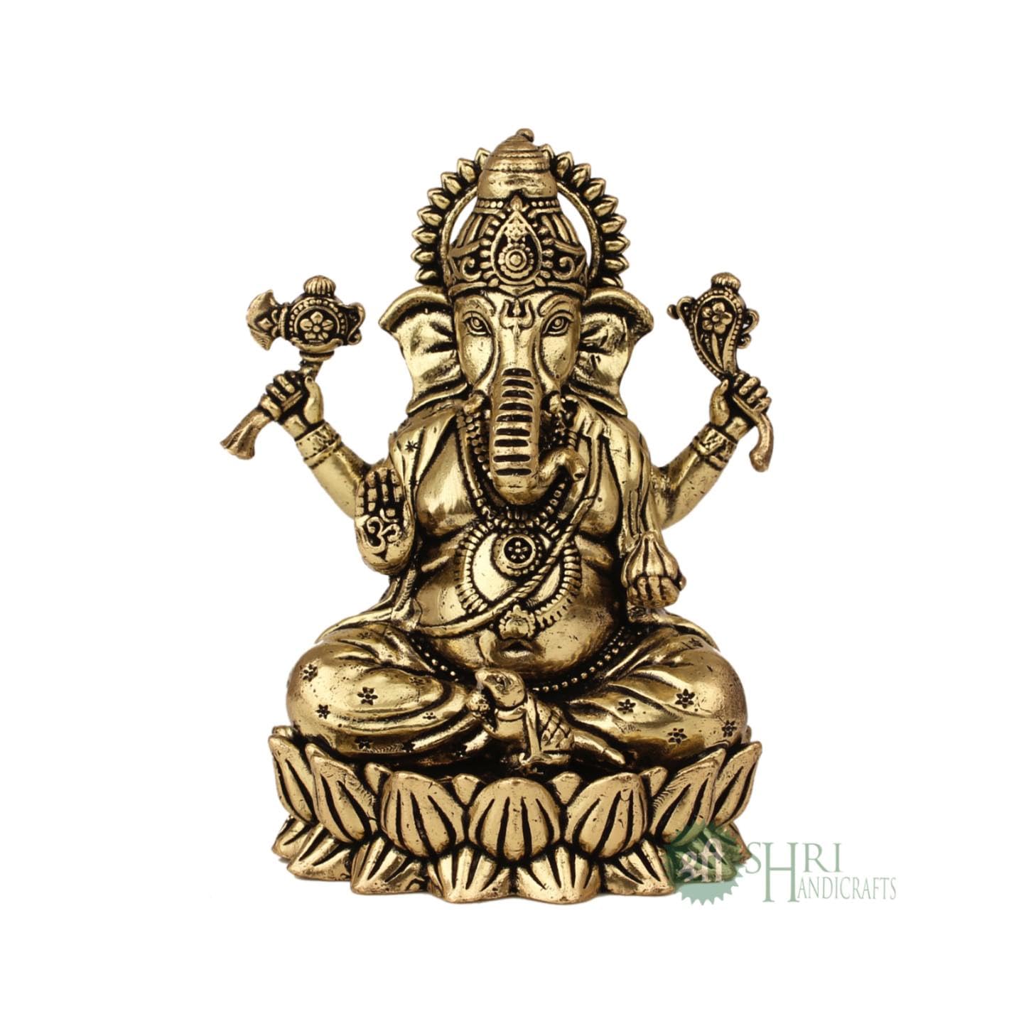 Pure Brass Ganesha Idol For Good Luck & Worship, Ganpati Hindu God Statue, Gold