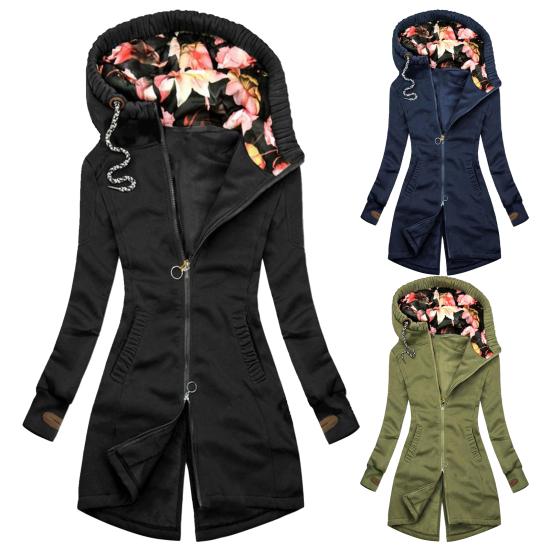 Women Hooded Coat Floral Print Patchwork Autumn Winter Drawstring Zipper Irregular Bottom Sweatshirt for Daily Wear