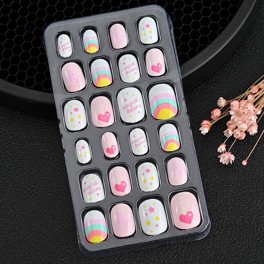 24pcs/box Candy Kids False Nail Cartoon Full Cover Press On Fake Nails Tips Kawaii Acrylic Artificial Fingernails for Girls