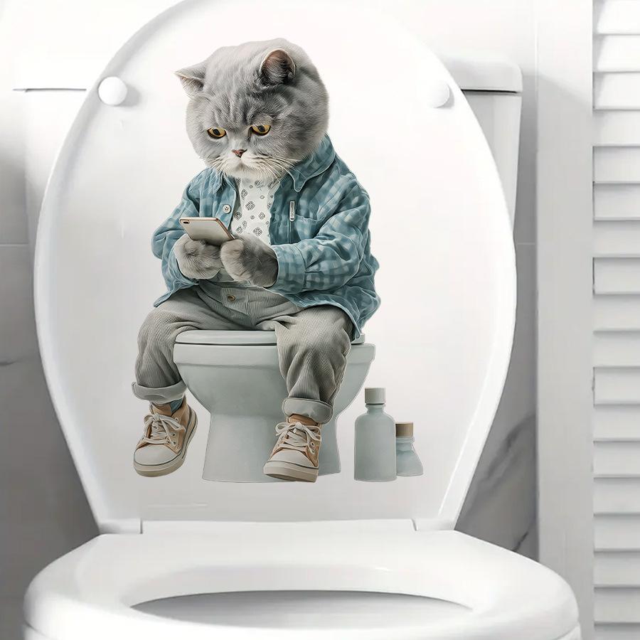 Funny Cat Playing On Smartphone Toilet Sticker, Realistic Cartoon Self-Adhesive Decal for Bathroom Toilet Lid Decoration