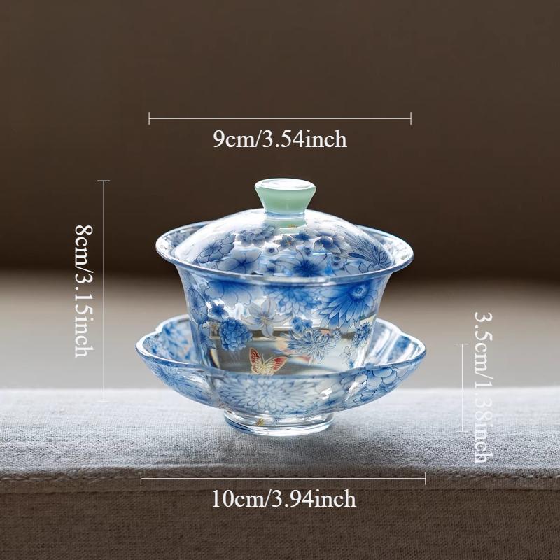 

90ml Glass Butterfly Covered Bowl Chinese Blue Chrysanthemum Tea Bowl Household Tea Cup Kungfu Tea Ceremony Accessories 90ml синий