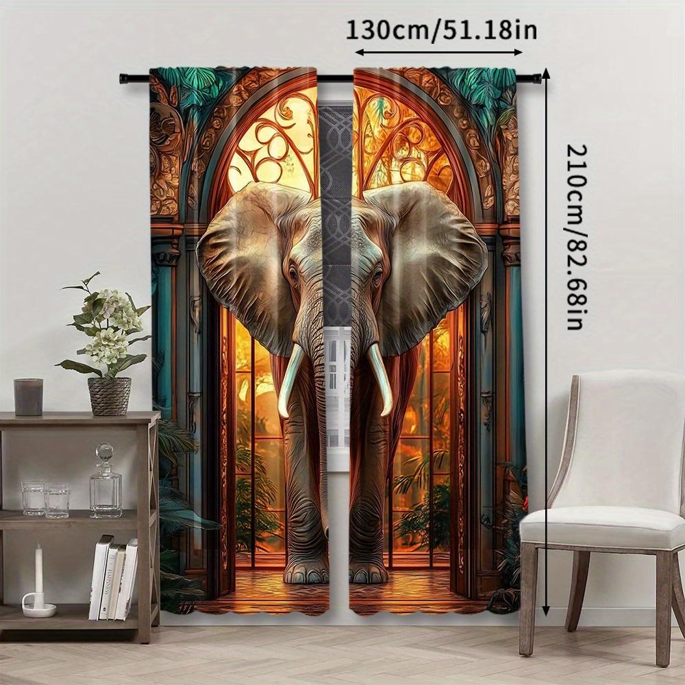 2pcs, 3d Elephant Curtain for Home Decor, Bohemian Rod Pocket Window, for Bedroom, Office, Kitchen, Living Room, And Study