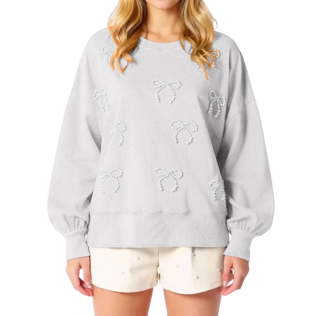 Women's Solid Color Pearl Bow Long Sleeved Top Sweatshirt