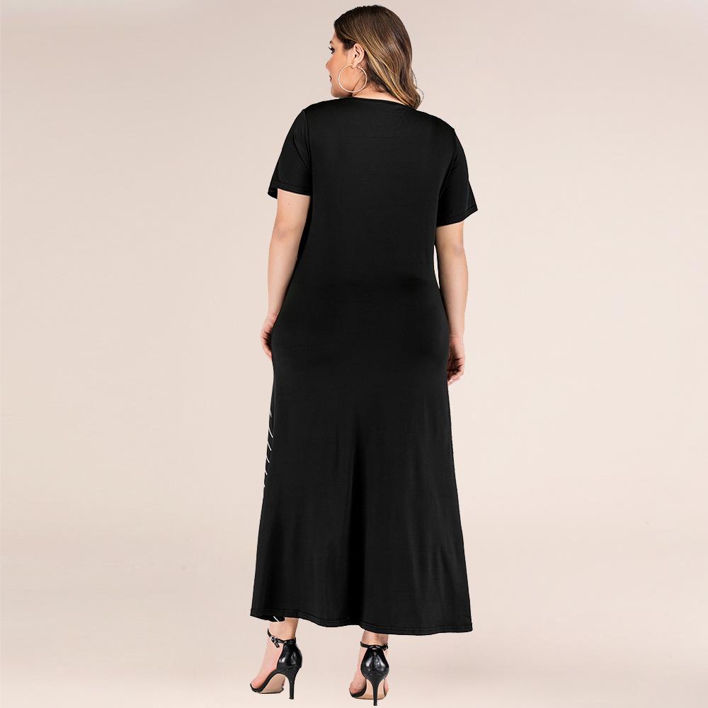 Plus Size Women Fashion Stripe Patchwork Loose Short Sleeve Long Dress