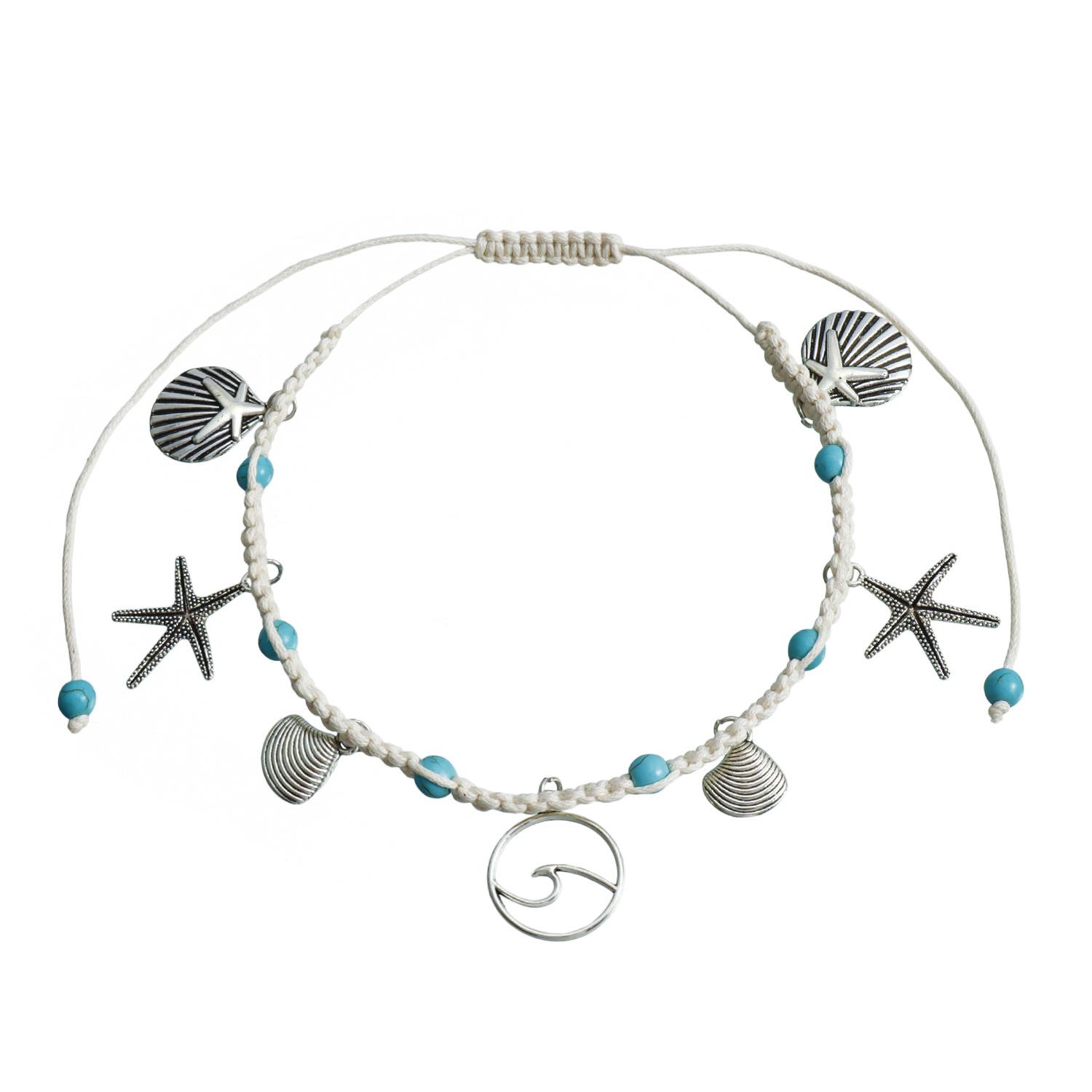 

European and American new beach foot jewelry, wire rope starfish wave pattern shell pendant with turquoise anklet