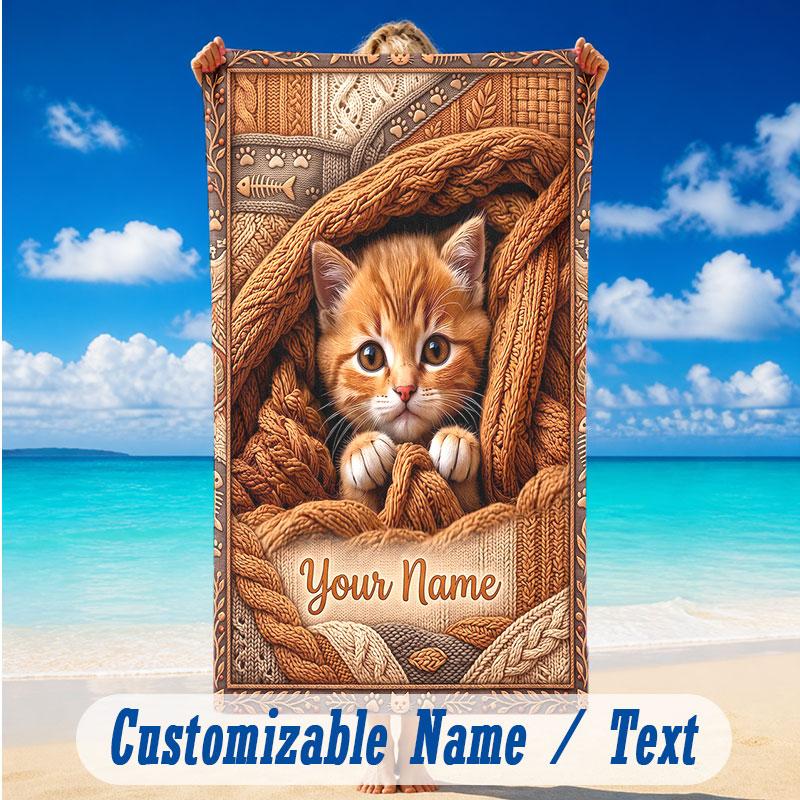 Cat Theme Beach Towel Personalized Custom Name & Text Soft Quick Dry Beach Towel for Swimming Travel