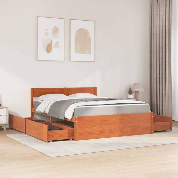 Lit - Maison Exclusive - Bois massif pin cire marron - Matelas 140x200 ressorts ensachés 20cm - 4 tiroirs