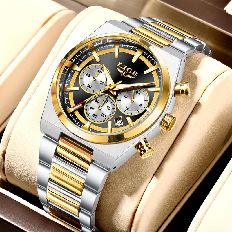 LIGE Mens Watches Fashion Business Quartz Wristwatches Waterproof Stainless Steel Chronograph Luminous Auto Date Watch for Man