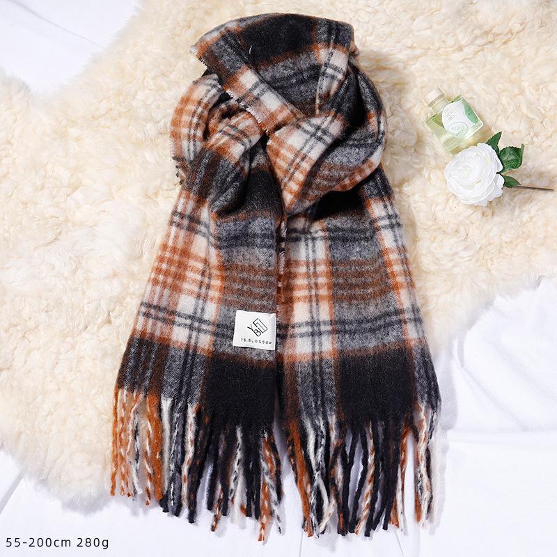 Korean Style Plaid Mohair Scarf - Women's Winter Imitation Cashmere Shawl