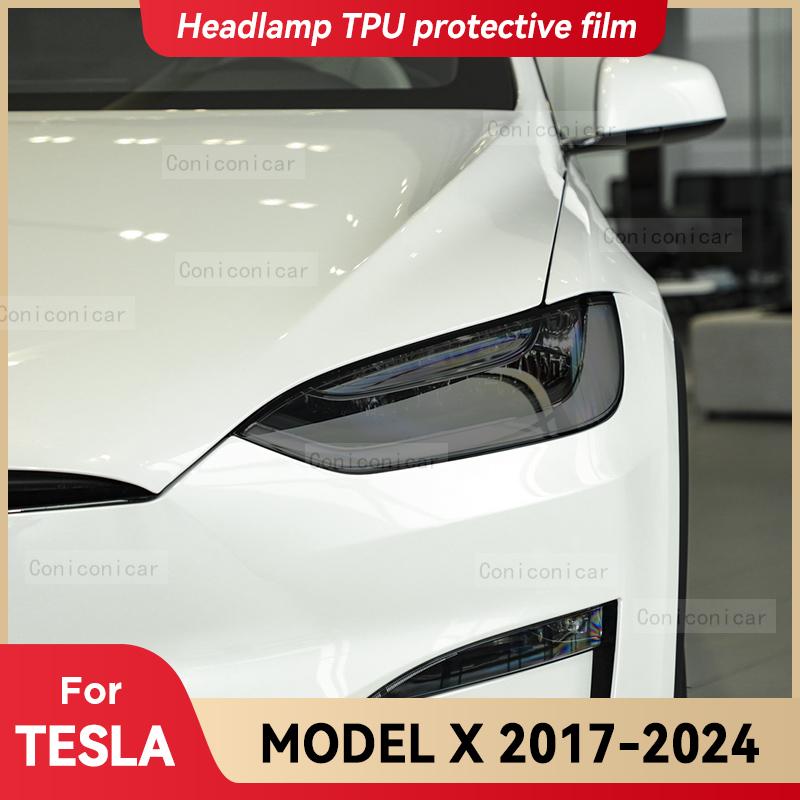 For TESLA Model X 2017-2024 Car Headlight Smoked Black TPU Protective Film Front Light Tint Change Color Sticker Accessories