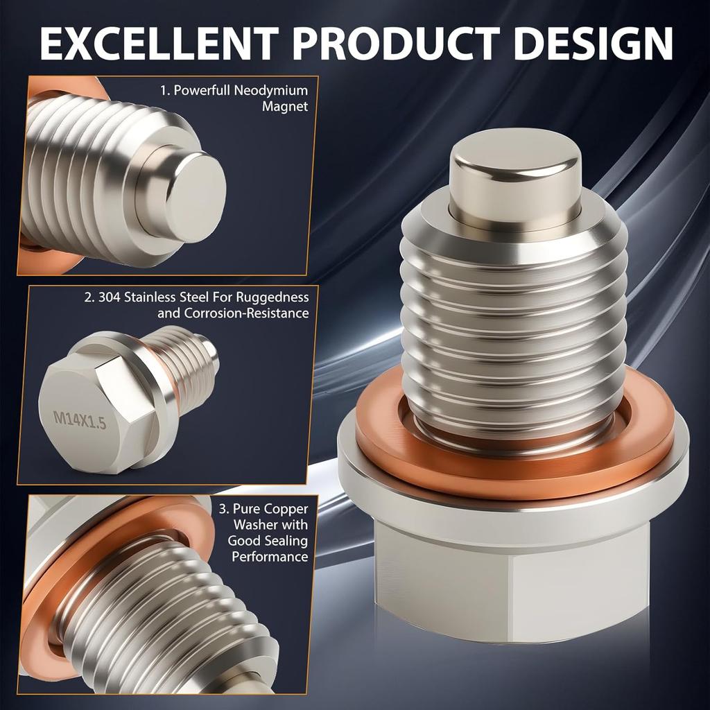 M14 X 1.5 Magnetic Stainless Steel Oil Drain Plug Sump Drain Nut Bolt with Copper Gasket Crush Washer Compatible with Most Ford, GM, Hyundai, KIA and