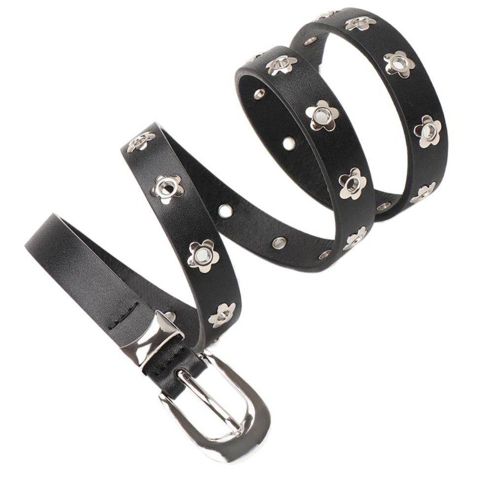 Korean Style Flower Rivet Belt Punk Thin Waist Strap Personality PU Leather Waistband  Ladies