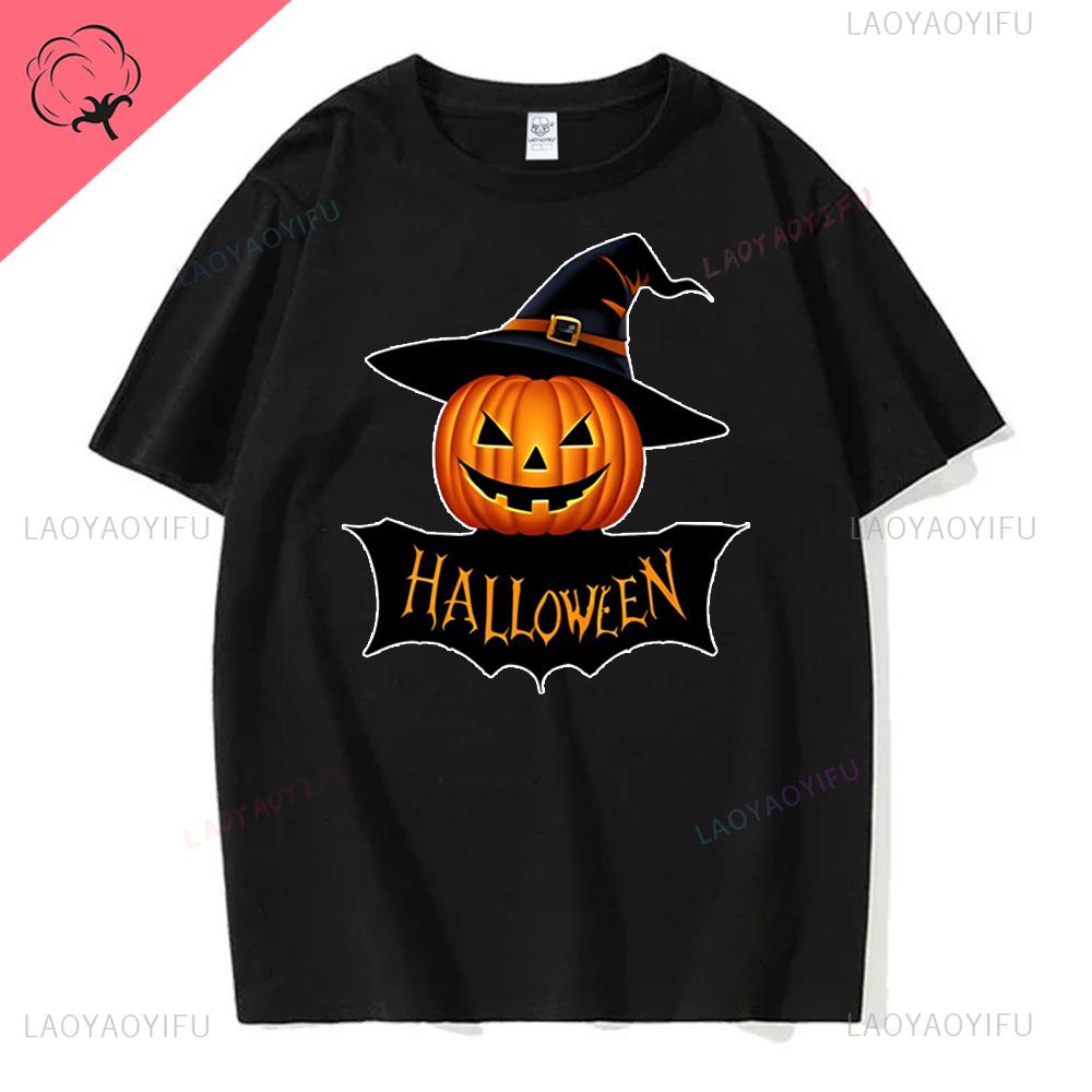 Jack Lanterns  Women Ghost Pumpkin Bat Skeleton Print Round Neck Pullovers Cotton Shirt Graphic T Shirts Y2k Top Harajuku Tops