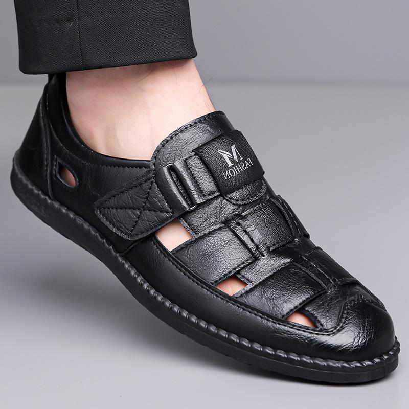 New leather sandals hollow men's hole shoes Velcro one-pedal dad shoes daily versatile casual shoes men