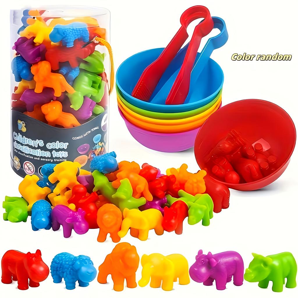 36pcs Color Sorting Animal Toy Set - Fun Parent-Child Sensory Game | Fine Motor Skills Training with Bowls and Tweezers