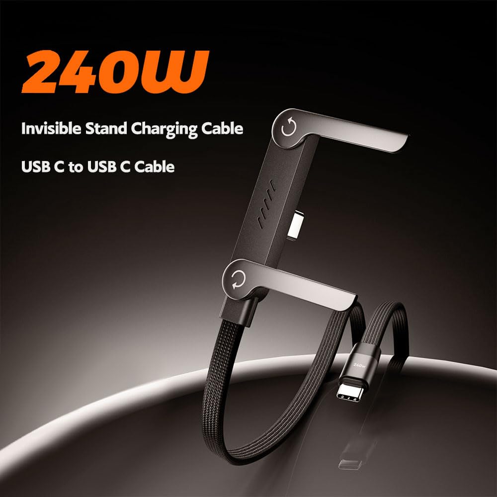 USB-C to USB-C retractable charging cable, 240W fast charging cable, 4.9 feet, with built-in phone stand