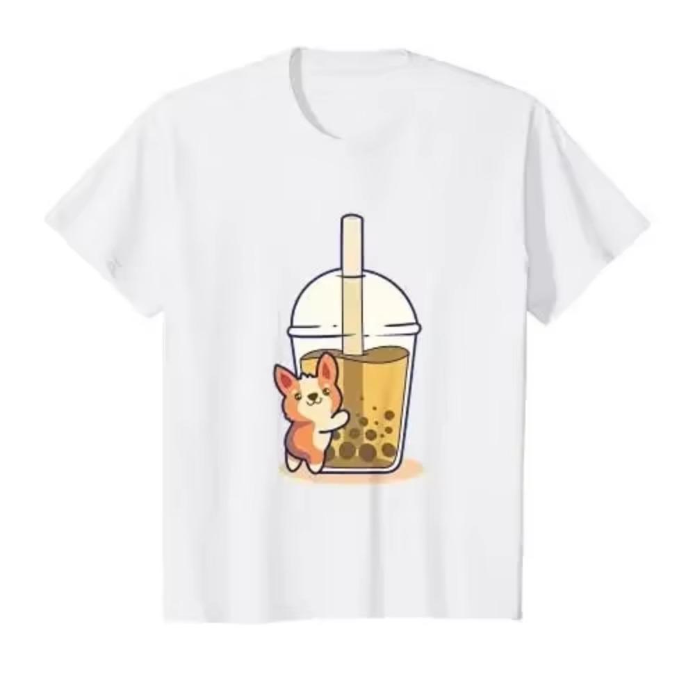 

Футболка с изображением милого корги-любителя Bubble Tea Bobas Kawaii Corgi, одежда в стиле аниме, рубашки из хлопка, повседневные, с изображением милых животных на четыре сезона XXXXXL чёрный