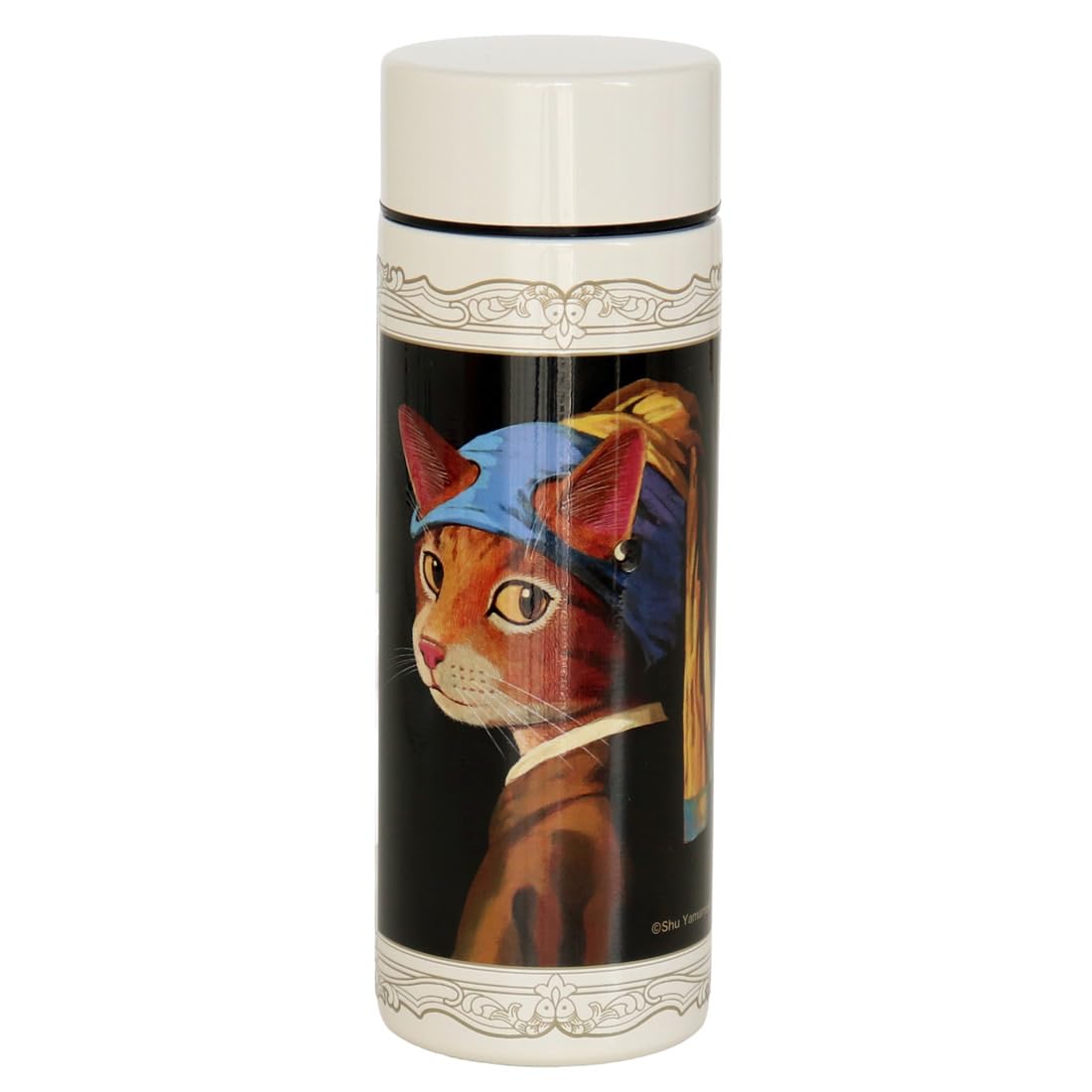 

[CAT ART] Stainless Steel Bottle (300ml) with Insulated, Cold, and Ice Stopper, Cat Girl with Pearl Earrings by Johannes Ferneco (Ivory)