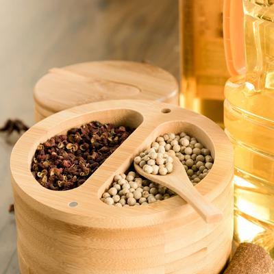 Bamboo Salt Container Box With Lid And Spoon Pepper Sugar Storage Cellar Holder Bowl Kitchen Accessories Seasoning Spices Jar