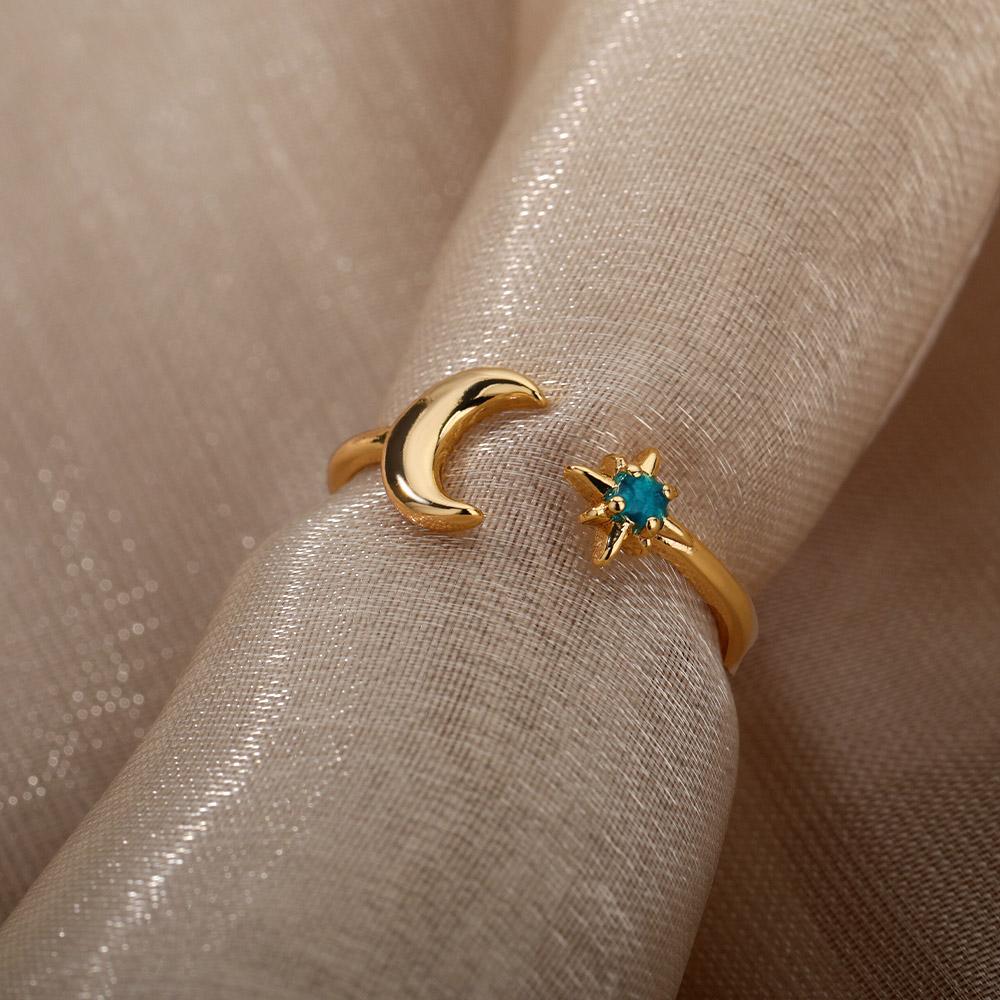 Simple And Luxurious Moon Opening Ring, Octagonal Star Shaped Women'S Ring, Personalized Star And Moon Ring, Fashionable And Elegant Accessory.