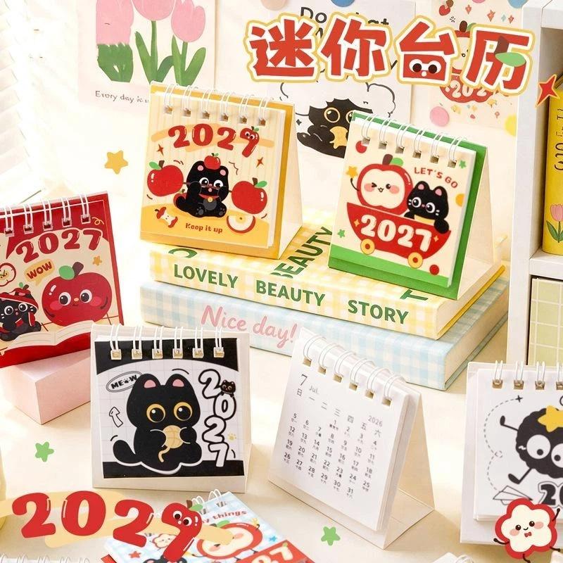 2027 Mini Desktop Calendar Cute Cartoon Cat Prints Desk Calendar Portable Office Desk Decoration