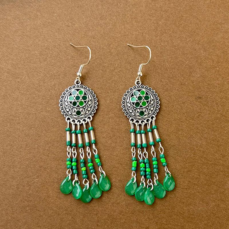 Green Natural Water Drop Feather Earrings for Women Vintage Boho Long Rhinestone Crystal Dangle Earring Vacation Jewelry