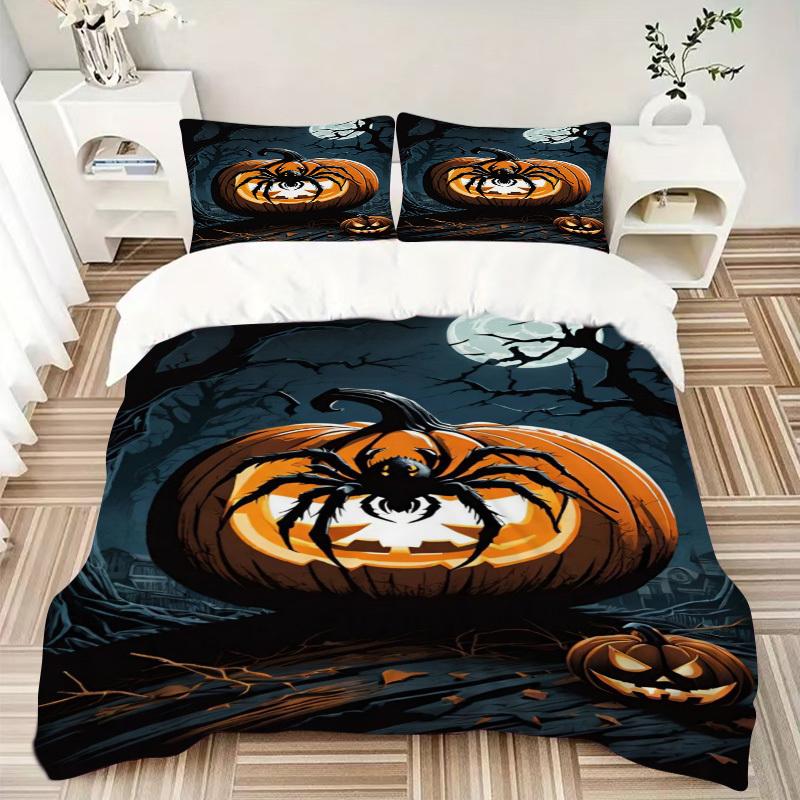 3pcs Spider-themed Jack-o'-lantern Duvet Cover Set - Includes 1 Duvet Cover and 2 Pillowcases, No Quilt Core, All-Season Home Decor Yy251111019