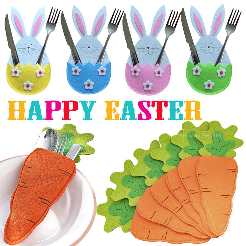 Easter Knife Fork Holder Pocket Carrot Rabbit Eggs Bunny Cutlery Bag for Easter Party Table Decor Tableware Cover Ornaments 2025