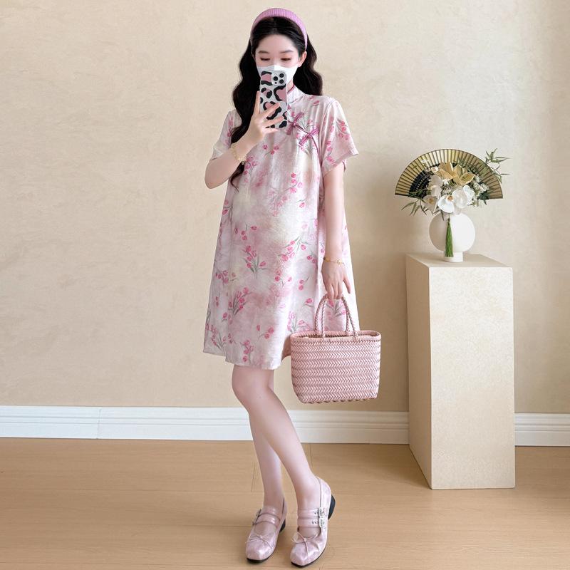 

Real Shot New Chinese Style Linen Maternity Dress - Plus Size Petite Cheongsam Skirt XL