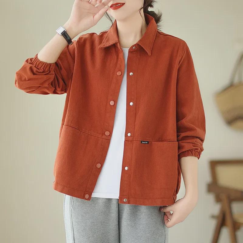 2023 Women's Korean Style Pure Cotton Casual Lapel Jacket - Long-Sleeved, Slim Fit, Solid Color for Autumn