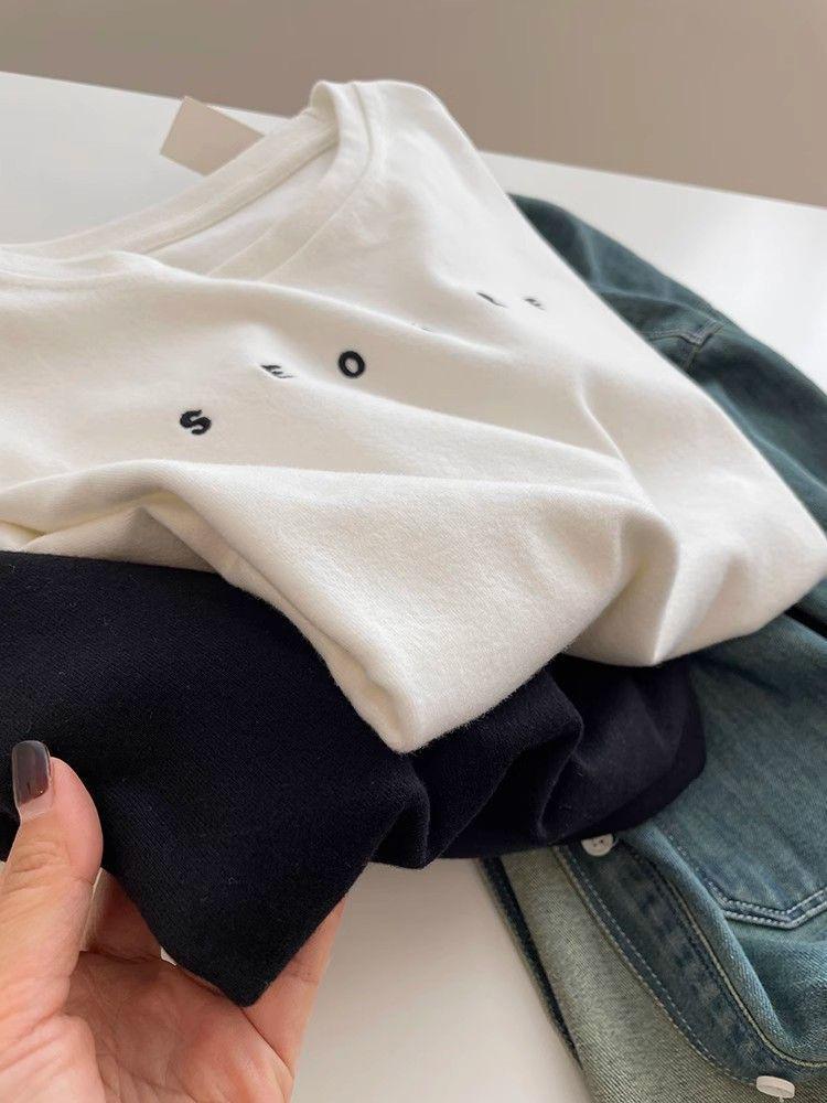 Women's Trendy Short-Sleeve Embroidered T-Shirt - Brushed, Slim Fit, Solid Color Round Neck Tee for Autumn