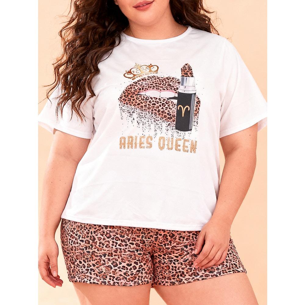 Plus Size Women s Spring Summer Leopard Print Short Sleeve T-Shirt & Shorts Pajamas Home Loungewear Set M