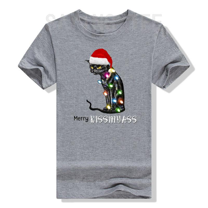 Merry Kissmyass Funny Cat Christmas Lights T-Shirt Xmas Costume Gifts Kitty Lover Graphic Outfits Cute Kitten Saying Tee Y2k Top