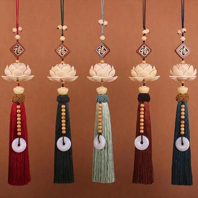 Chinese Style Lucky Fu Wooden Carved Lotus Buddha Statue Pendant Creative Gift Home Car Hanging Accessories Decor Auto Interior