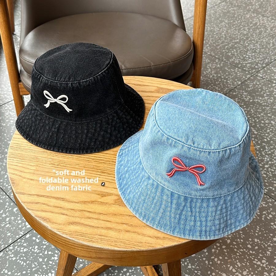 Bow Embroidered Denim Bucket Fisherman Hat Sun Protection Casual Outdoor Cap