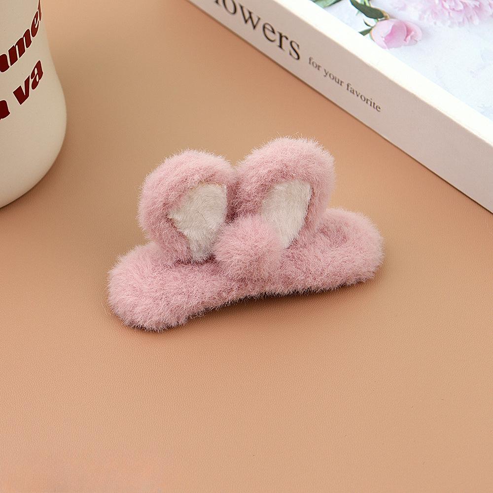 Super Cute Soft Plush Hair Clip Pink White Furry Plush Rabbit Ears Edge Bangs Clip BB Clip Barrette for Girls Hair Styling Tools