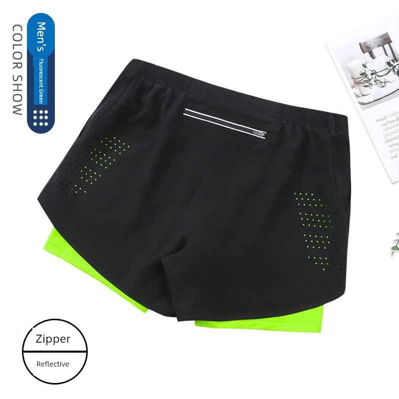 Men's Running Shorts Professional Marathon Track and Field Three-Quarter Length Quick-Dry Inner Lining Pants Sports Two-In-One Design with Phone