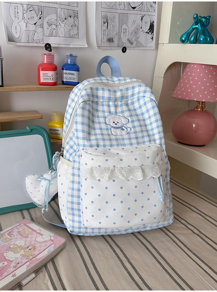 Schoolbag summer fresh blue and white grid small polka dot backpack soft cute puppy embroidery sweet age-reducing student party travel small backpack