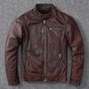 Vintage Brown Coat Classic Biker Style Short Slim Genuine Leather Jacket Men Casual Leather Coat