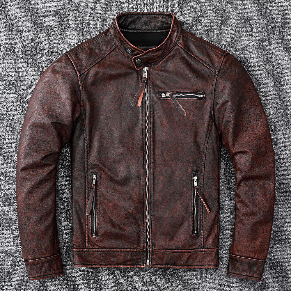 Vintage Brown Coat Classic Biker Style Short Slim Genuine Leather Jacket Men Casual Leather Coat