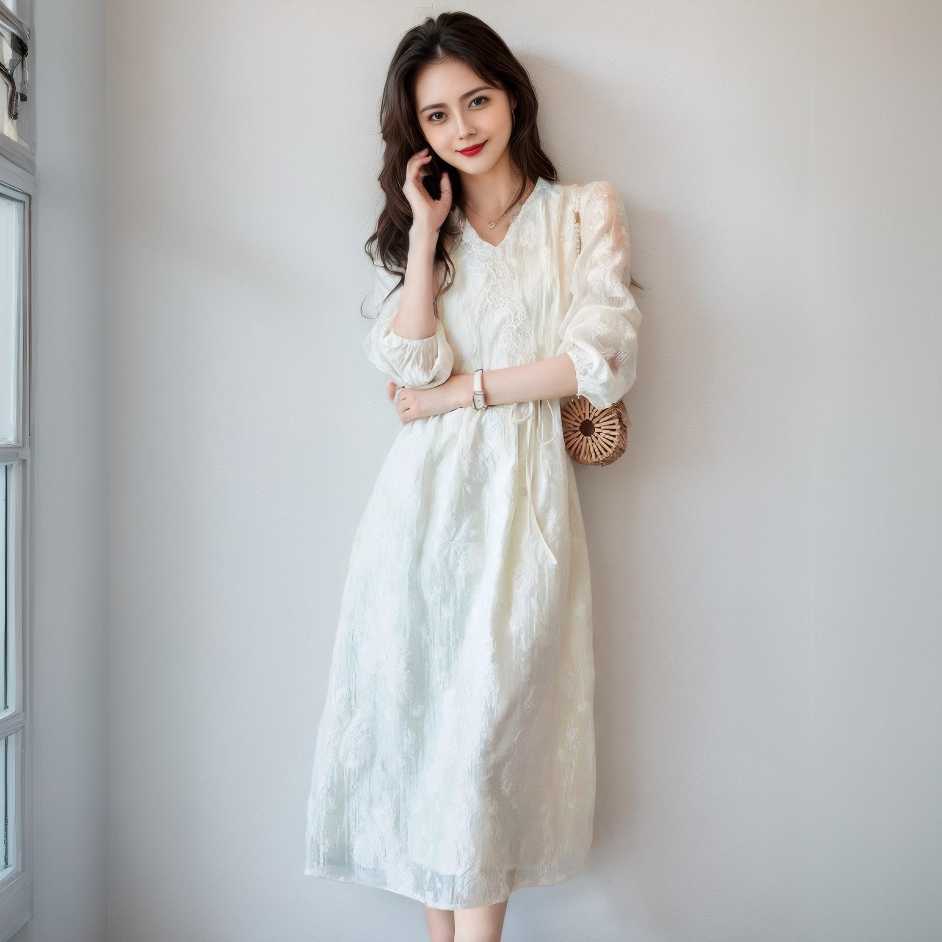 

Новая весенне-летняя легкая роскошная жаккардовая юбка А-силуэта, весенне-осеннее кружевное платье средней длины с V-образным вырезом и поясом для женщин S слоновая кость