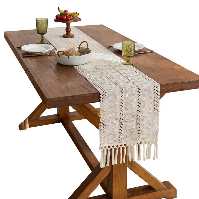 Runner da Tavola Intrecciato in Cotone con Nappe Color Crema Decorazione Tavola in Tessuto Stile Bohemien Country Farmhouse Versatile per Tavolino da Caffè Tavolo da Pranzo