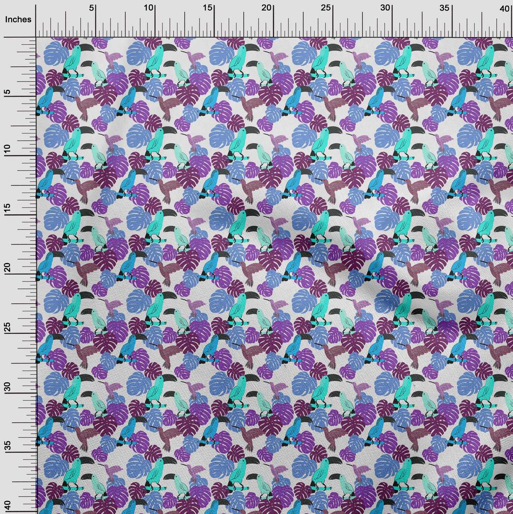 oneOone Cotton Flex Aqua Blue Fabric Tropical Floral with Birds Fabric for Sewing Printed Craft Fabric by The Yard 40 Inch